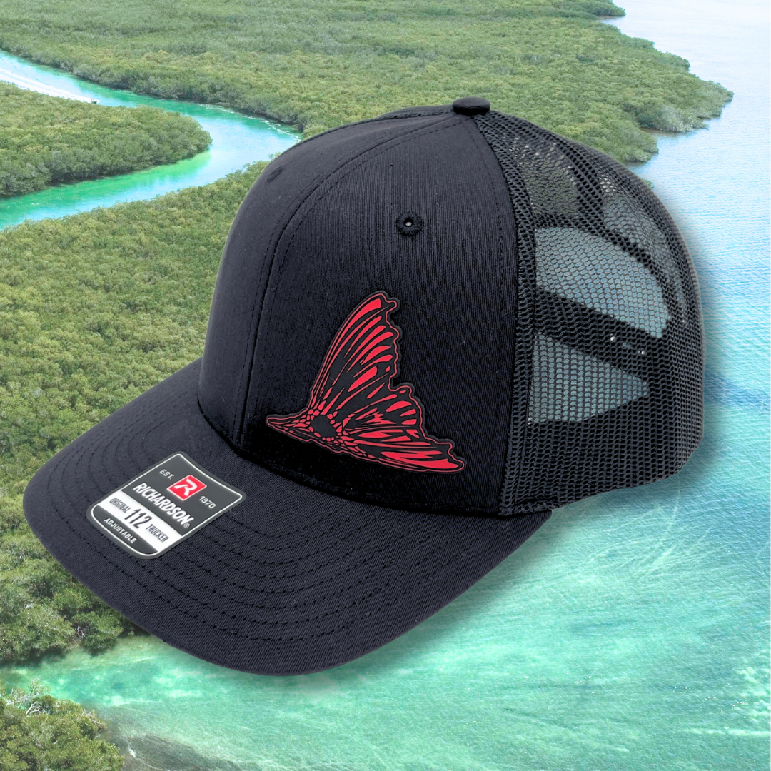 Redfish Fin - Custom Leatherette Patch Hat, Richardson 112 Snapback Trucker Cap