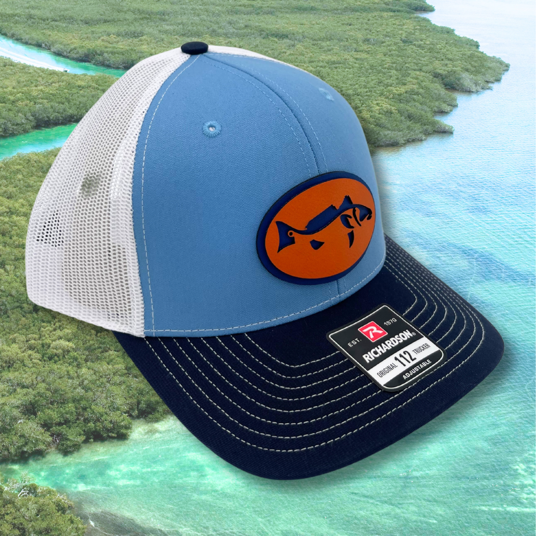 Laser-Cut Redfish - Custom Leatherette Patch Hat, Richardson 112 Snapback Trucker Cap