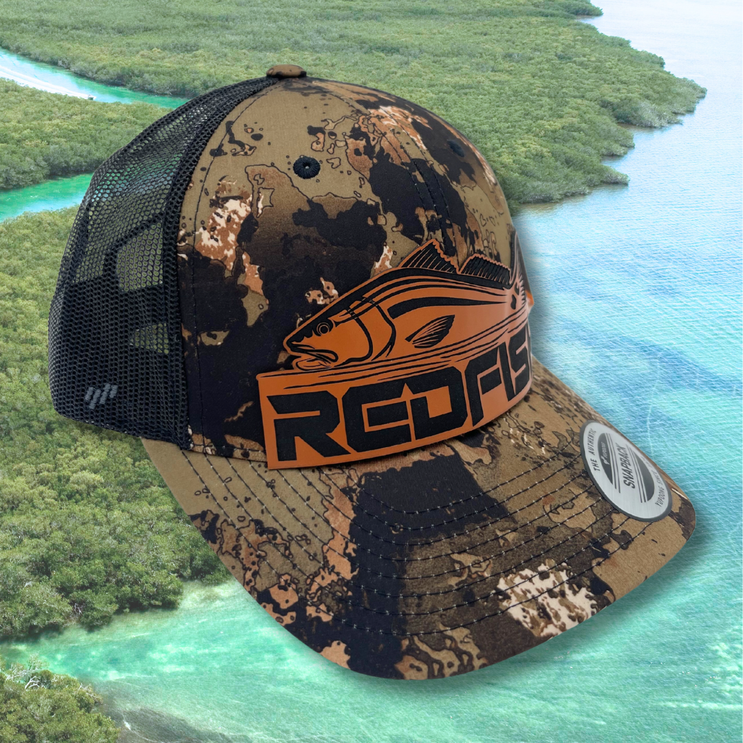 Redfish Camo - Custom Leatherette Patch Hat, YP Classics Snapback Trucker Cap