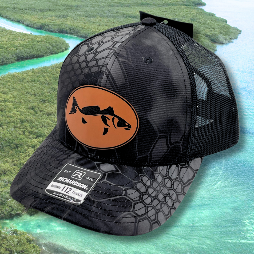 Laser-Cut Redfish - Custom Leatherette Patch Hat, Richardson 112 Snapback Trucker Cap