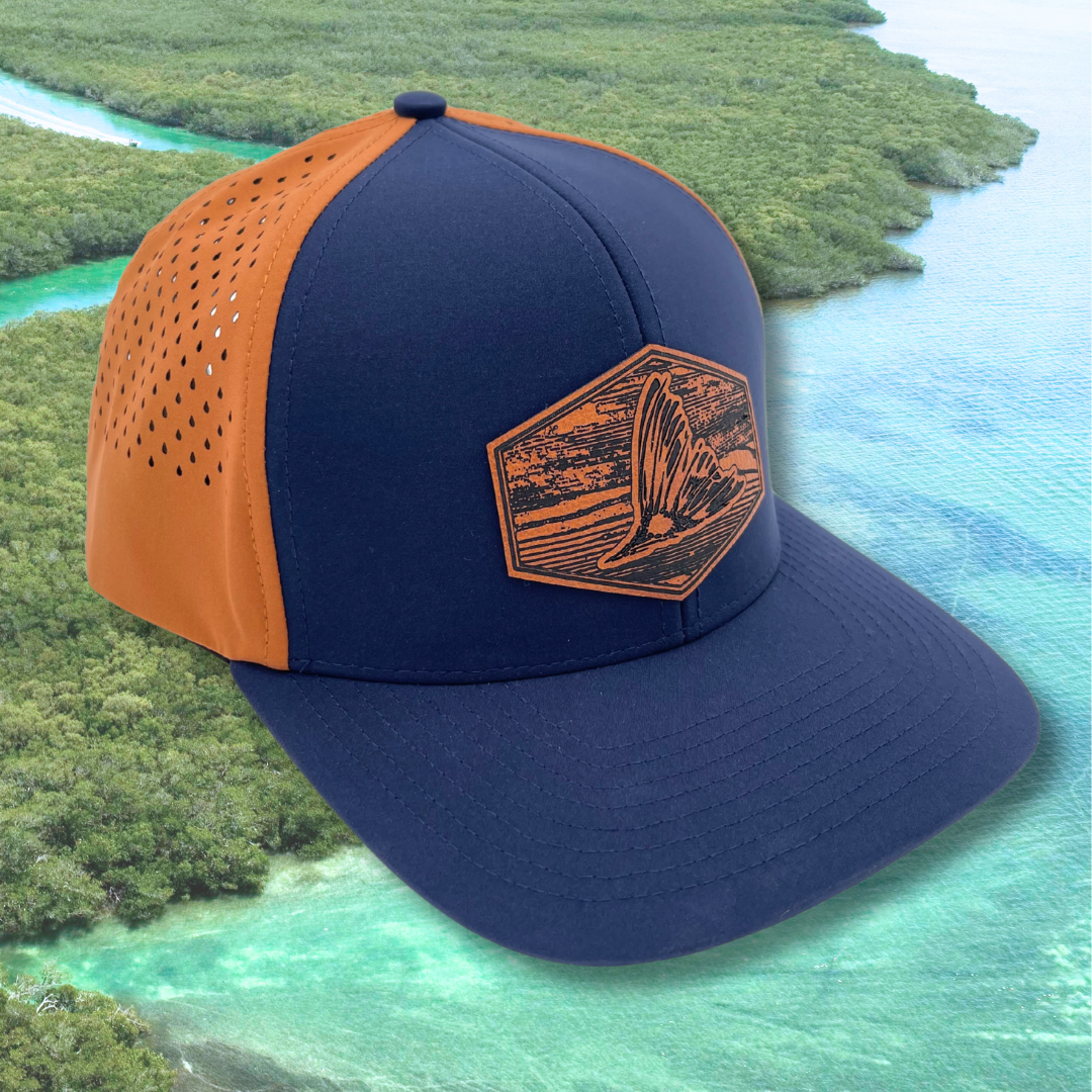 Blue & Orange Redfish - Custom Leatherette Patch Hat, LoneStar Adhesive Trucker Cap