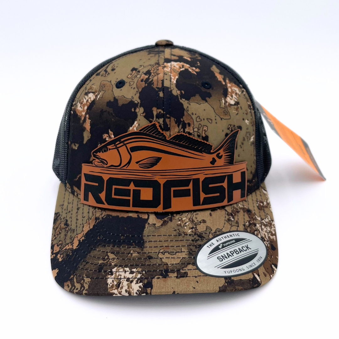 Redfish Camo - Custom Leatherette Patch Hat, YP Classics Snapback Trucker Cap