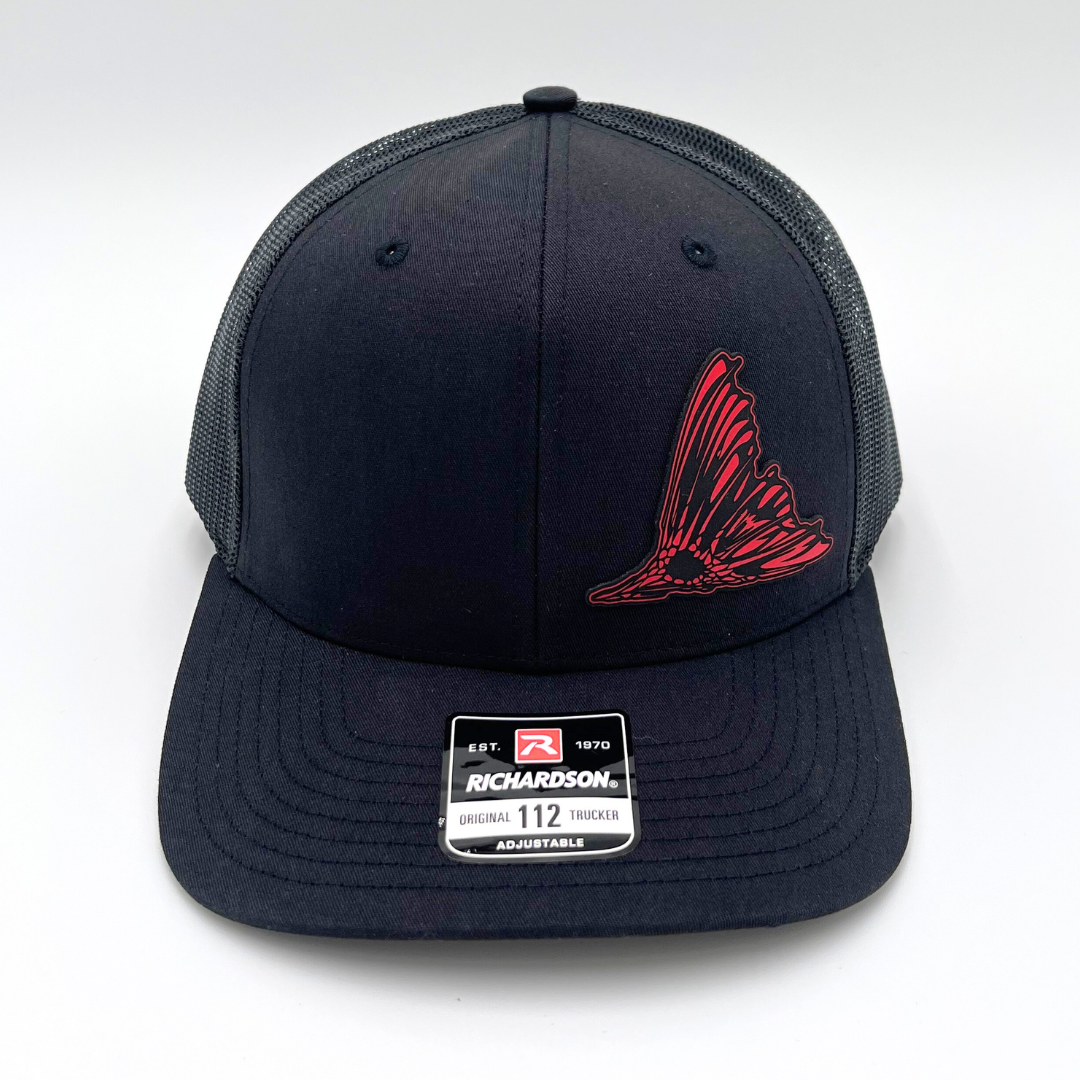 Redfish Fin - Custom Leatherette Patch Hat, Richardson 112 Snapback Trucker Cap