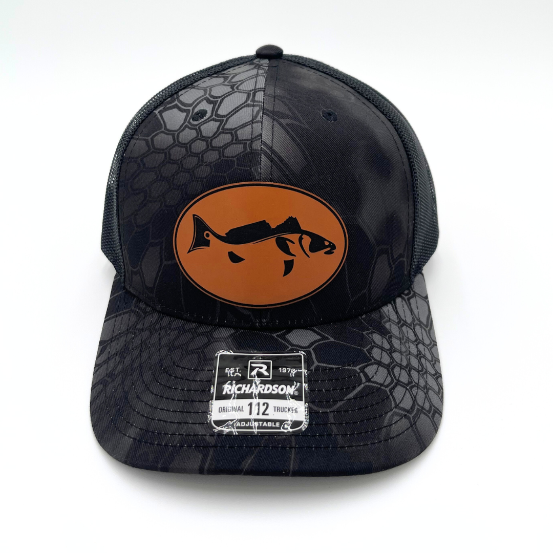 Laser-Cut Redfish - Custom Leatherette Patch Hat, Richardson 112 Snapback Trucker Cap