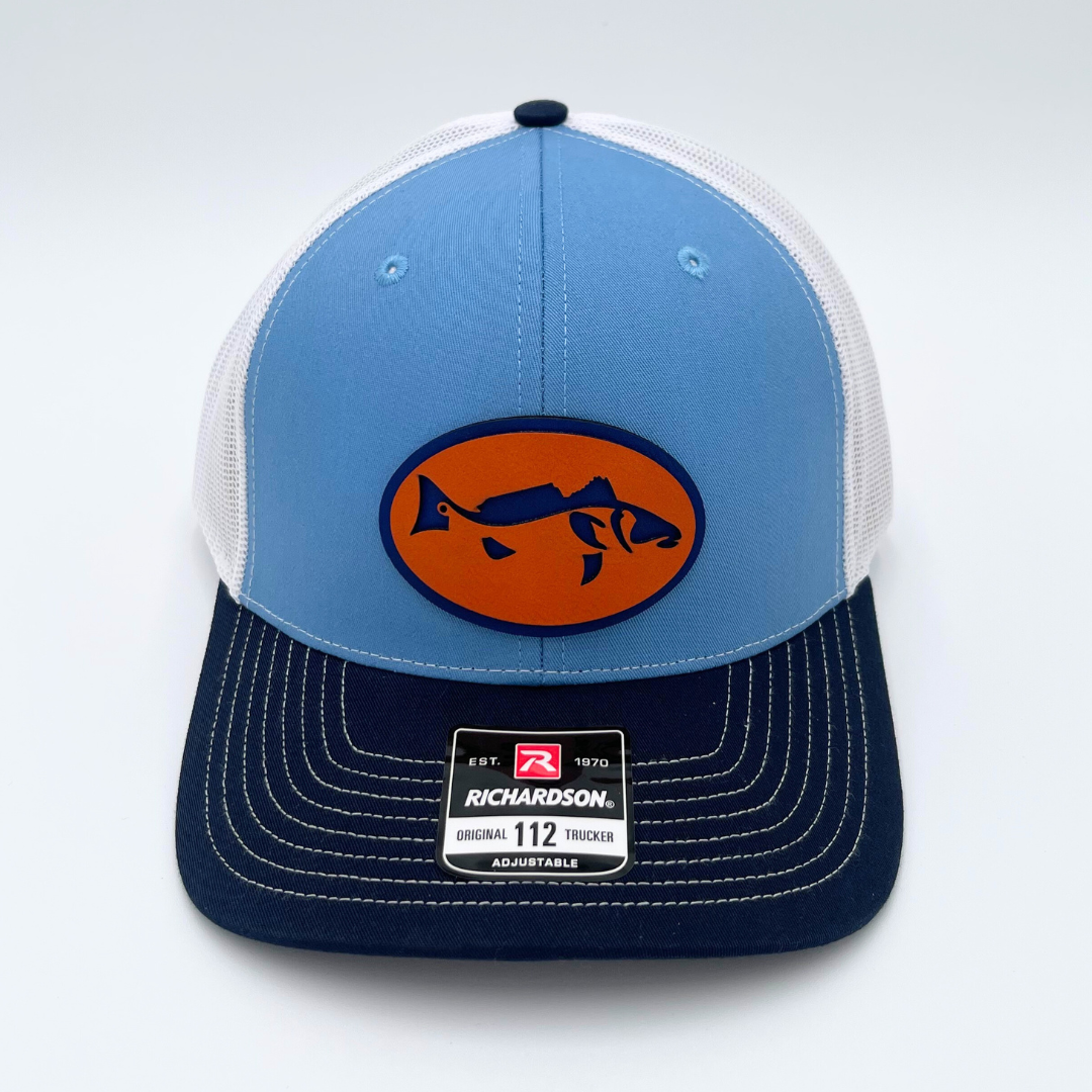 Laser-Cut Redfish - Custom Leatherette Patch Hat, Richardson 112 Snapback Trucker Cap