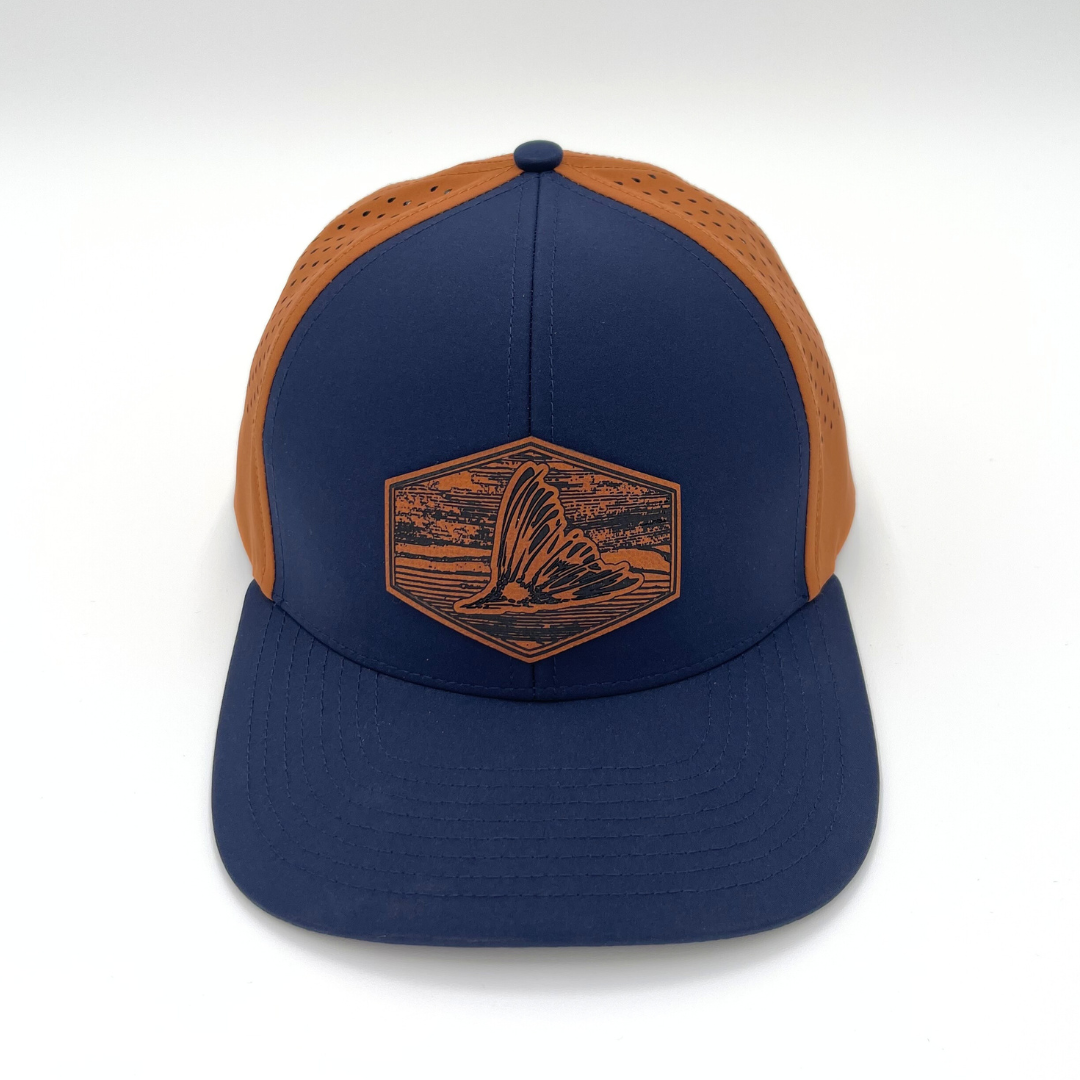 Blue & Orange Redfish - Custom Leatherette Patch Hat, LoneStar Adhesive Trucker Cap