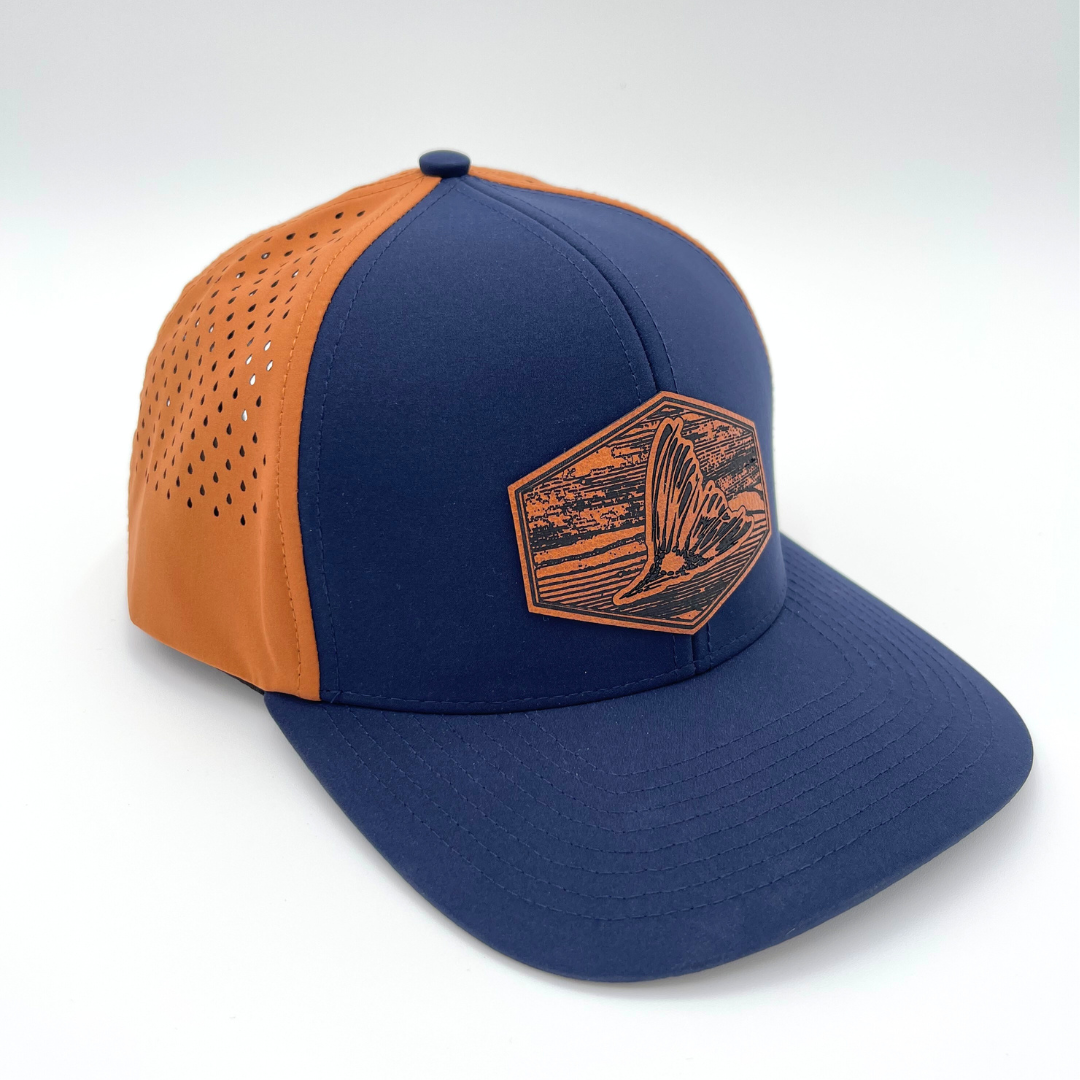 Blue & Orange Redfish - Custom Leatherette Patch Hat, LoneStar Adhesive Trucker Cap