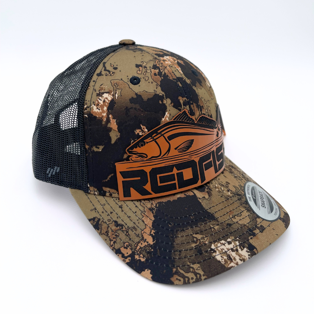 Redfish Camo - Custom Leatherette Patch Hat, YP Classics Snapback Trucker Cap