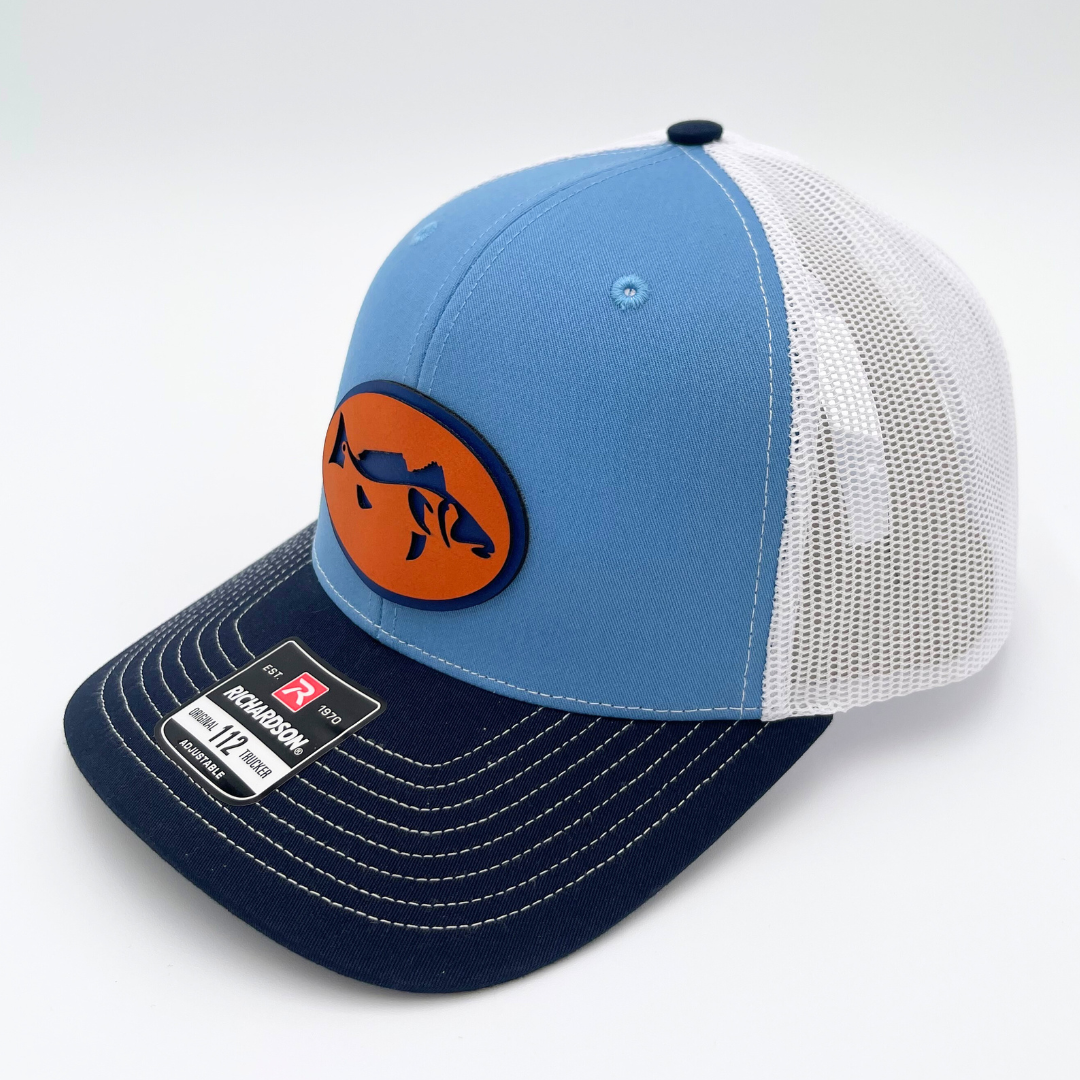 Laser-Cut Redfish - Custom Leatherette Patch Hat, Richardson 112 Snapback Trucker Cap