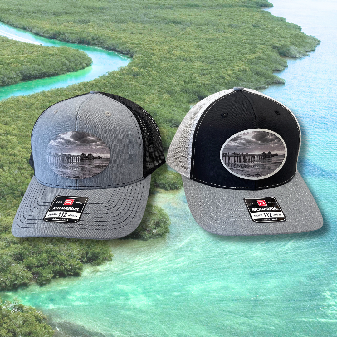 Naples Pier - Custom Leatherette Patch Hat, Richardson 112 Snapback Trucker Cap