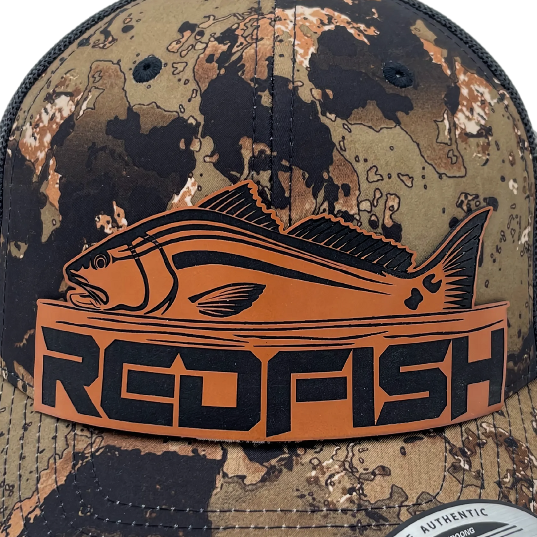 Redfish Camo - Custom Leatherette Patch Hat, YP Classics Snapback Trucker Cap