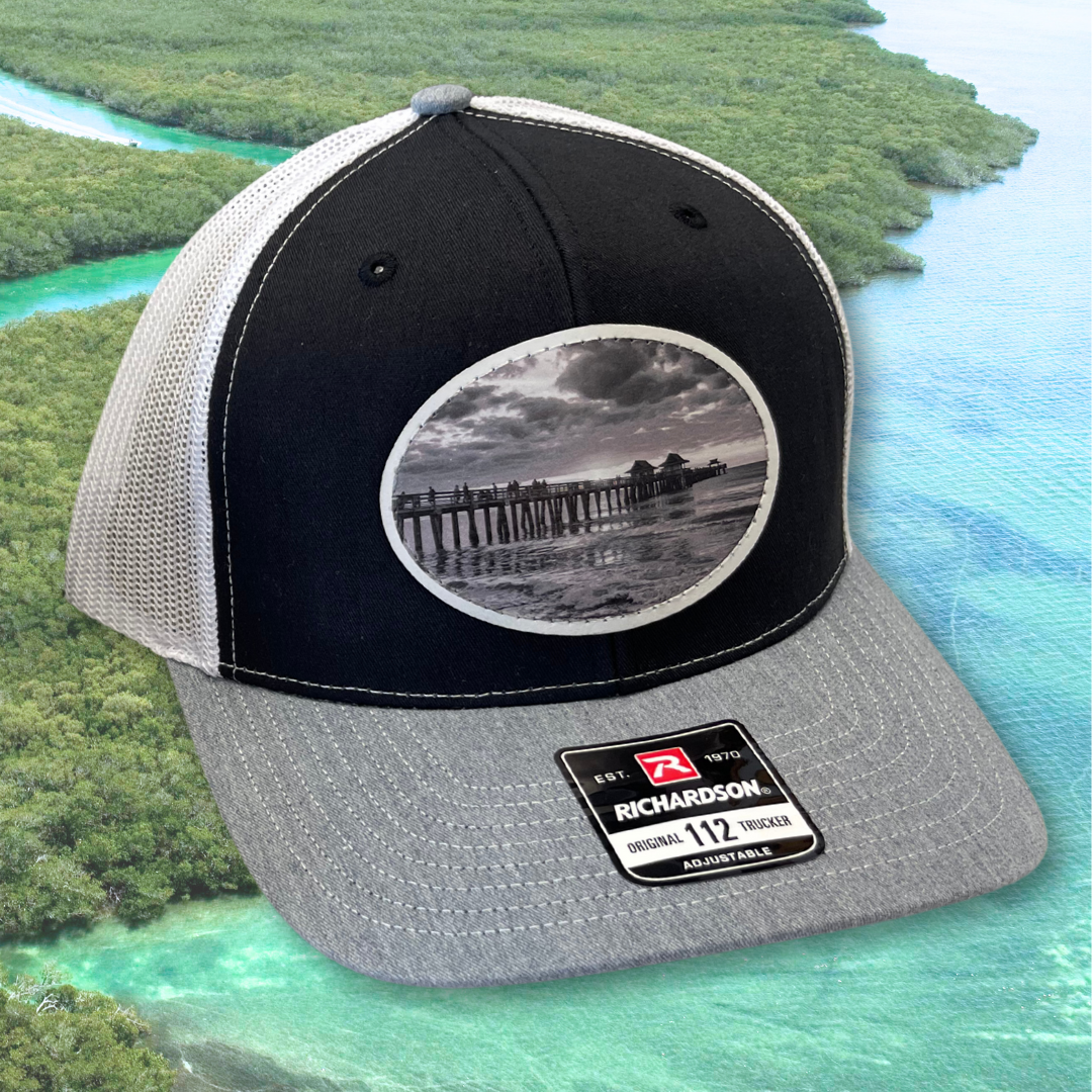 Naples Pier - Custom Leatherette Patch Hat, Richardson 112 Snapback Trucker Cap