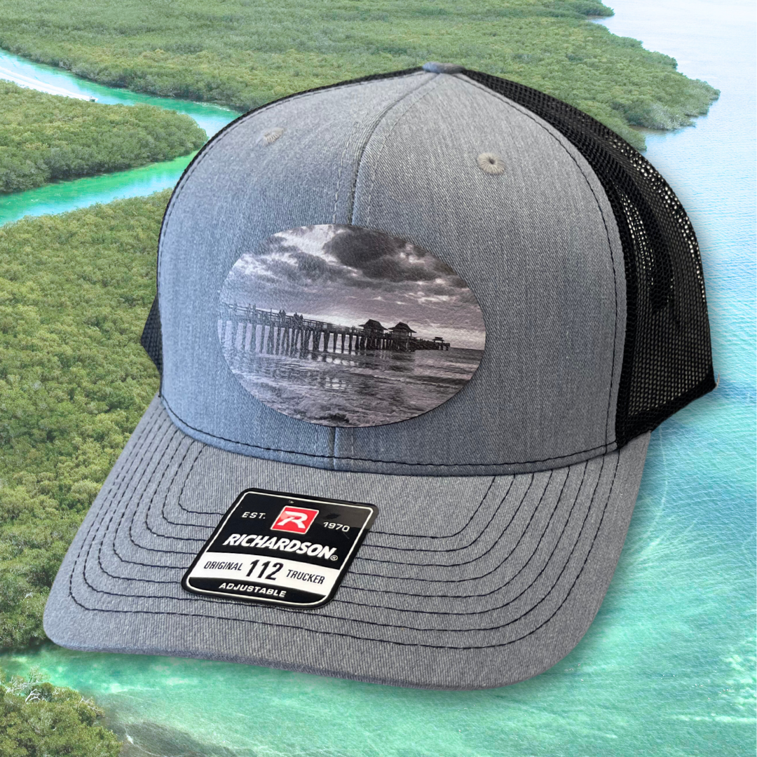 Naples Pier II - Custom Leatherette Patch Hat, Richardson 112 Snapback Trucker Cap