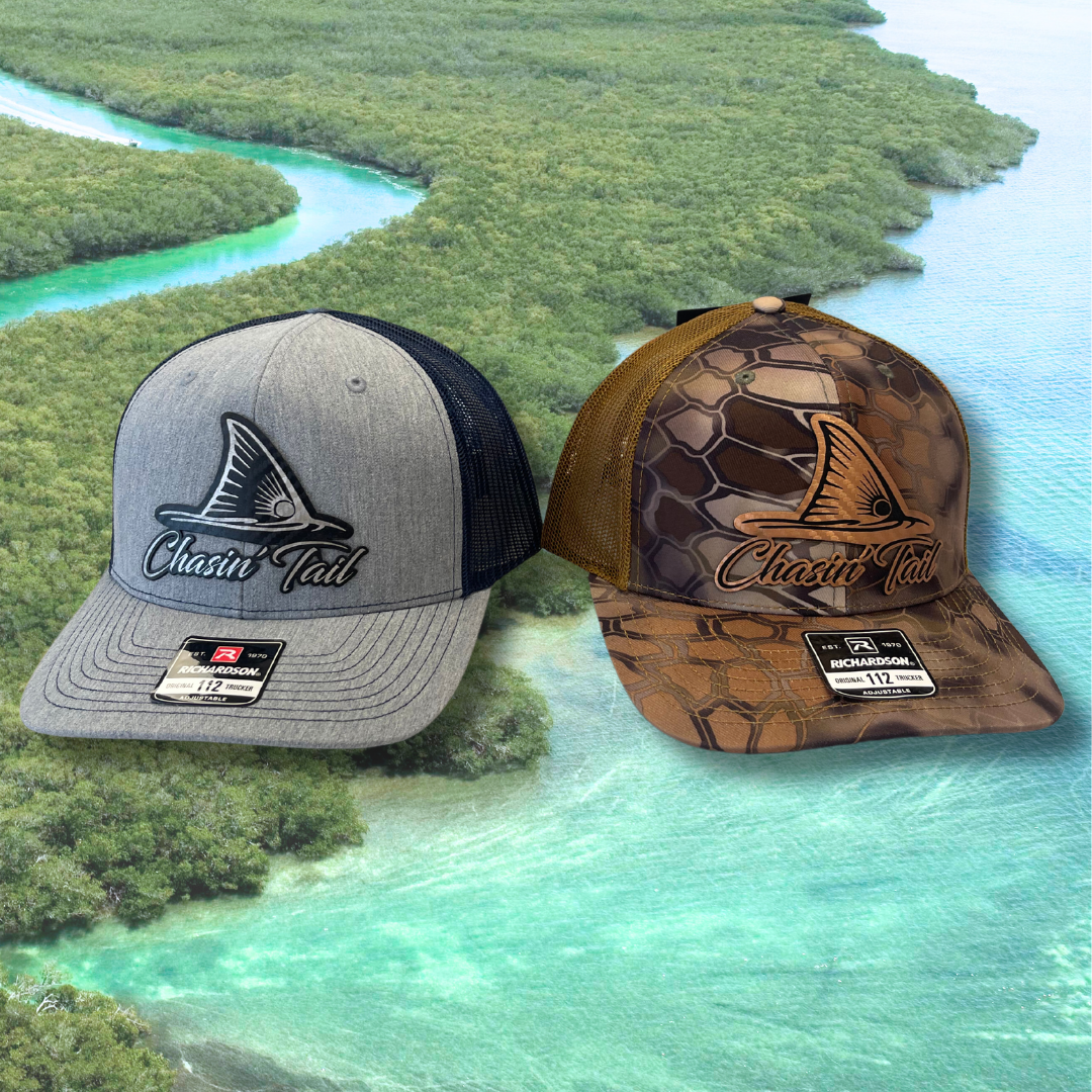 Chasin' Tail Bronze - Custom Leatherette Patch Hat, Richardson 112 Snapback Trucker Cap