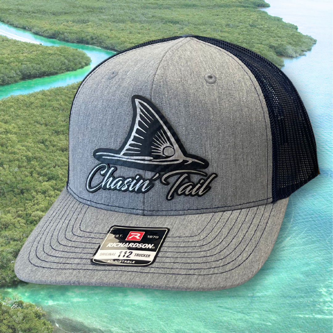 Chasin' Tail Silver - Custom Leatherette Patch Hat, Richardson 112 Snapback Trucker Cap
