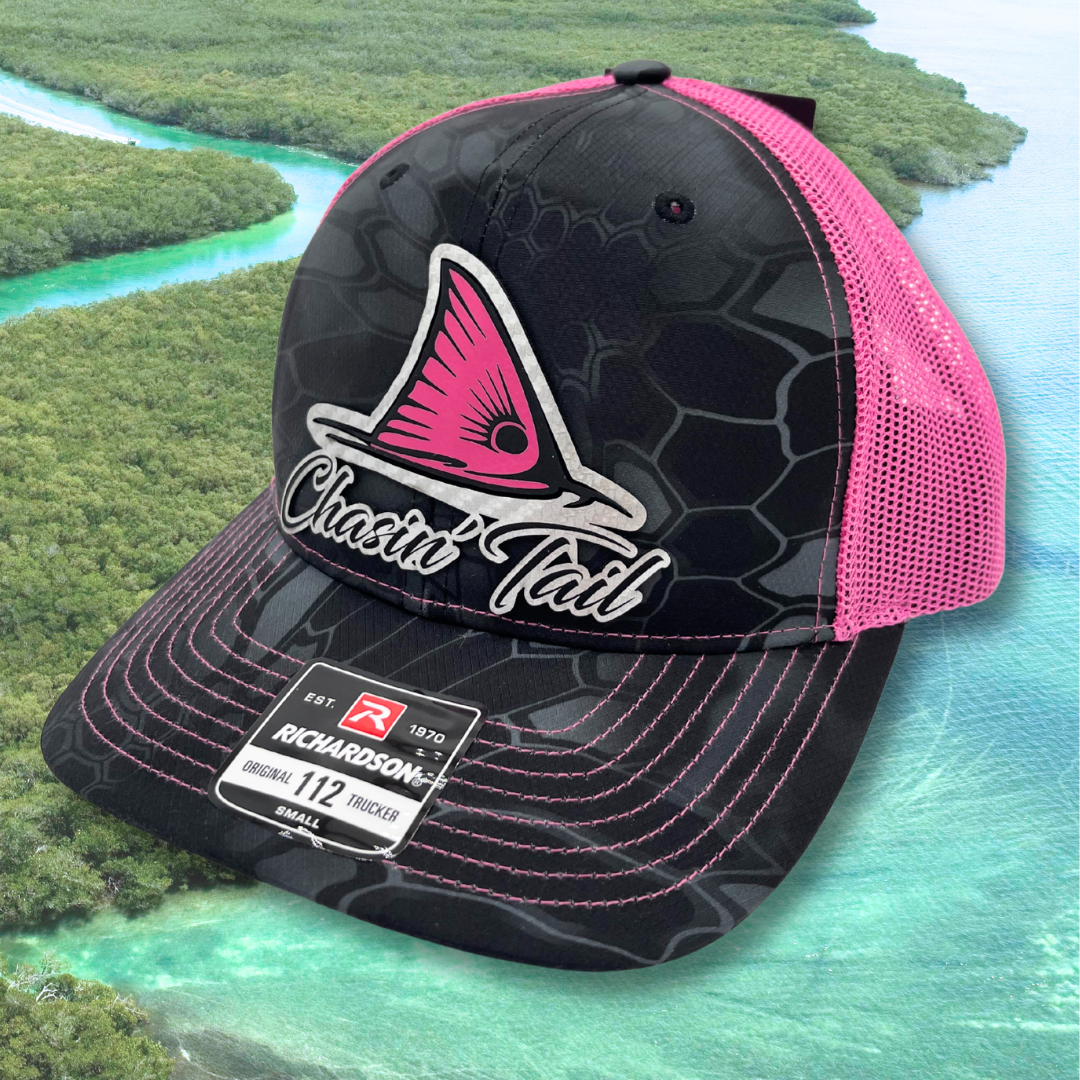 Chasin' Tail Pink & Black - Custom Leatherette Patch Hat, Richardson 112 Snapback Trucker Cap