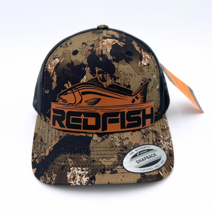 Redfish Camo - Custom Leatherette Patch Hat, YP Classics Snapback Trucker Cap