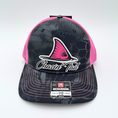 Chasin' Tail Pink & Black - Custom Leatherette Patch Hat, Richardson 112 Snapback Trucker Cap