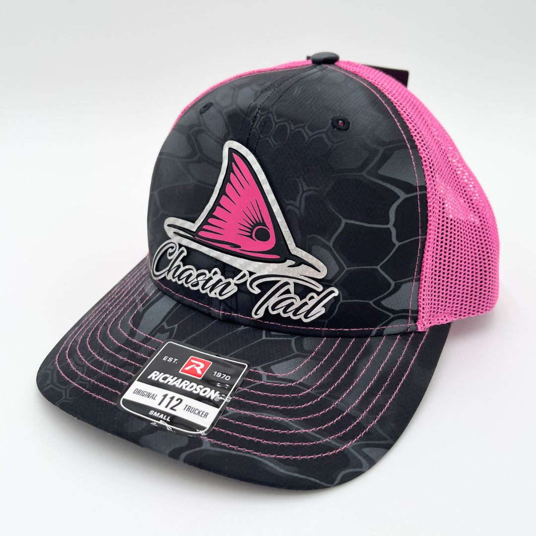 Chasin' Tail Pink & Black - Custom Leatherette Patch Hat, Richardson 112 Snapback Trucker Cap