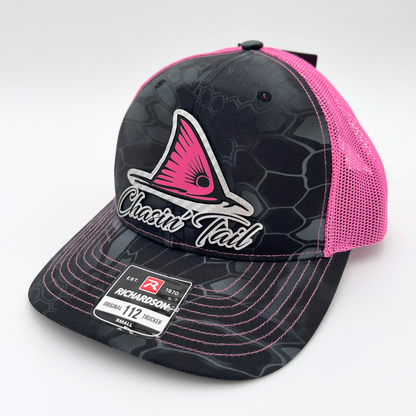 Chasin' Tail Pink & Black - Custom Leatherette Patch Hat, Richardson 112 Snapback Trucker Cap