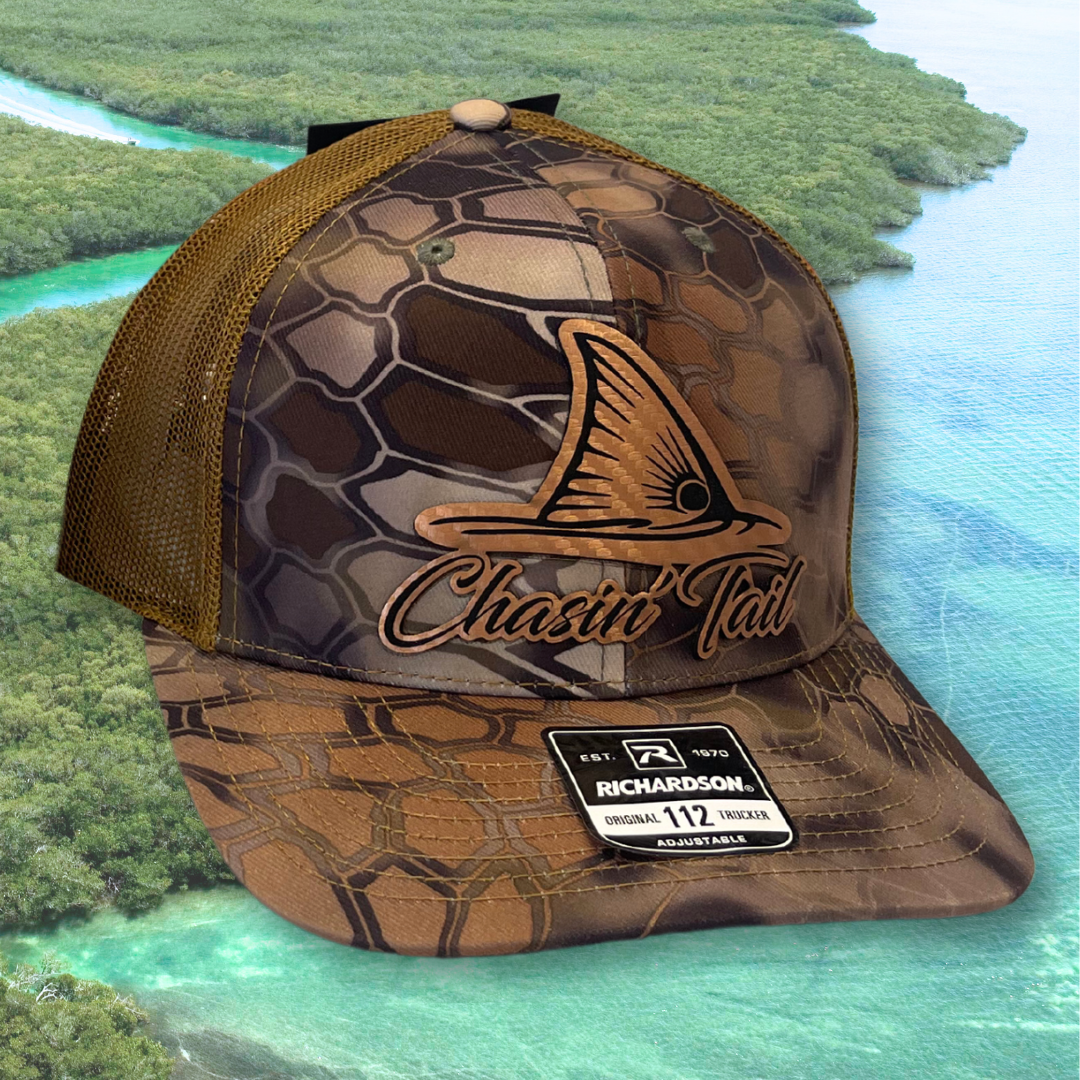 Chasin' Tail Bronze - Custom Leatherette Patch Hat, Richardson 112 Snapback Trucker Cap