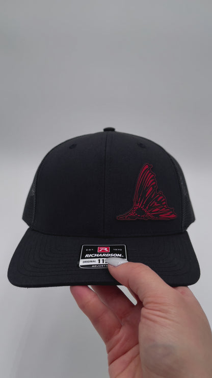 Redfish Fin - Custom Leatherette Patch Hat, Richardson 112 Snapback Trucker Cap