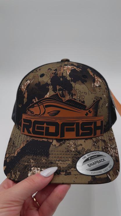 Redfish Camo - Custom Leatherette Patch Hat, YP Classics Snapback Trucker Cap