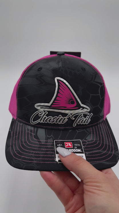 Chasin' Tail Pink & Black - Custom Leatherette Patch Hat, Richardson 112 Snapback Trucker Cap