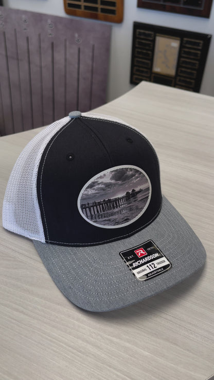 Naples Pier - Custom Leatherette Patch Hat, Richardson 112 Snapback Trucker Cap