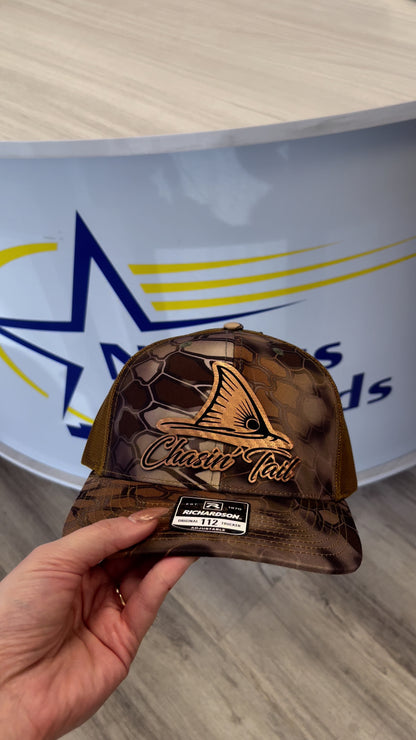 Chasin' Tail Bronze - Custom Leatherette Patch Hat, Richardson 112 Snapback Trucker Cap